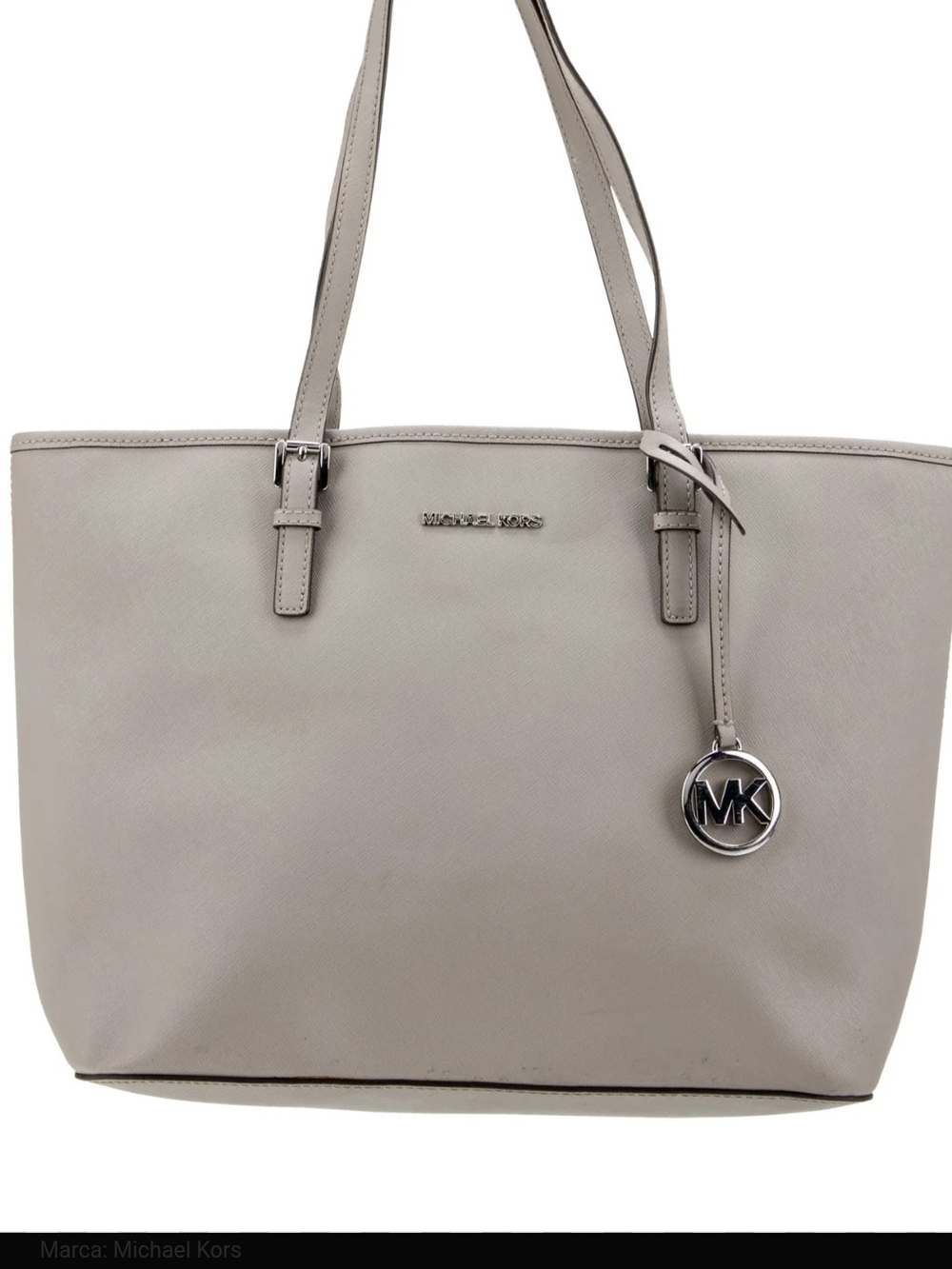 Michael Kors Light Gray Leather Tote with Silver MK Charm